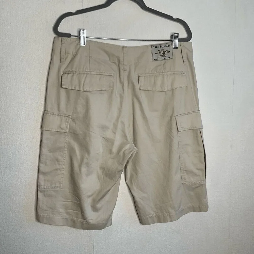True Religion Men's Khaki Tan Cotton‎ Baggy Hi Rise Casual Cargo Shorts Size 33